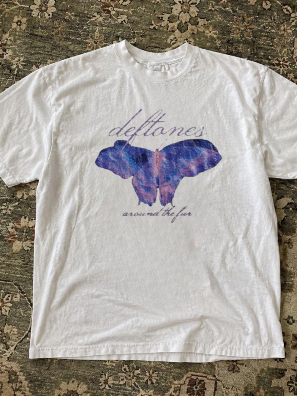 Gildan White Tee with Purple and Blue Moth Graphic